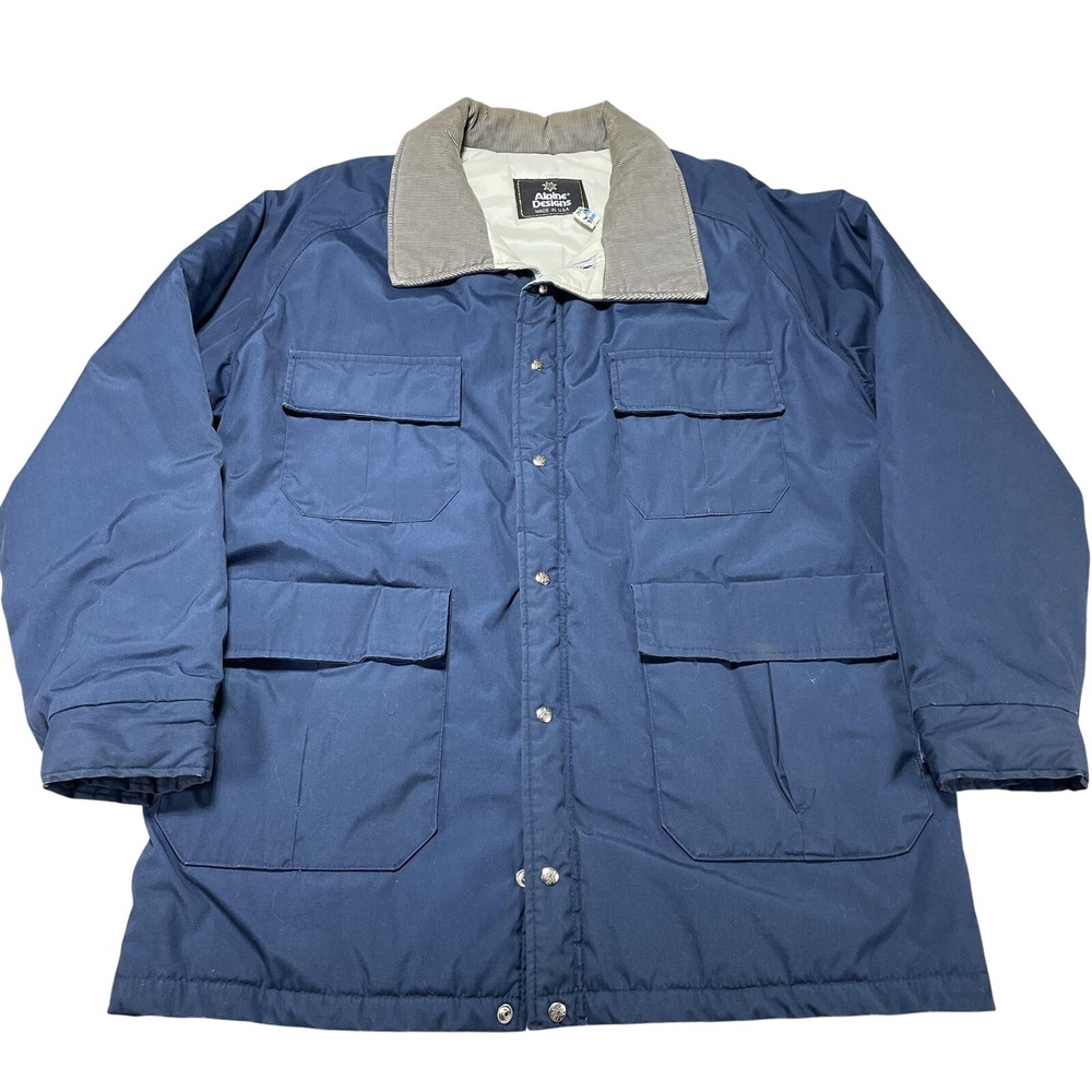 Vintage Alpine Designs Jacket Mens 2XL Blue‎ Corduroy Collar Parka Coat USA 80s
